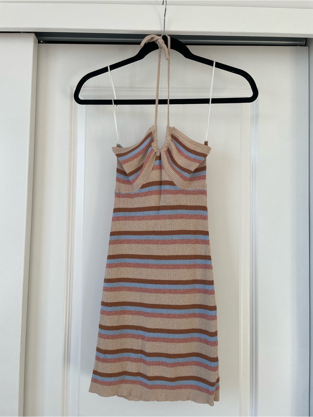 Princess Polly Beige Knit Halter Dress with Blue and Pink Stripes